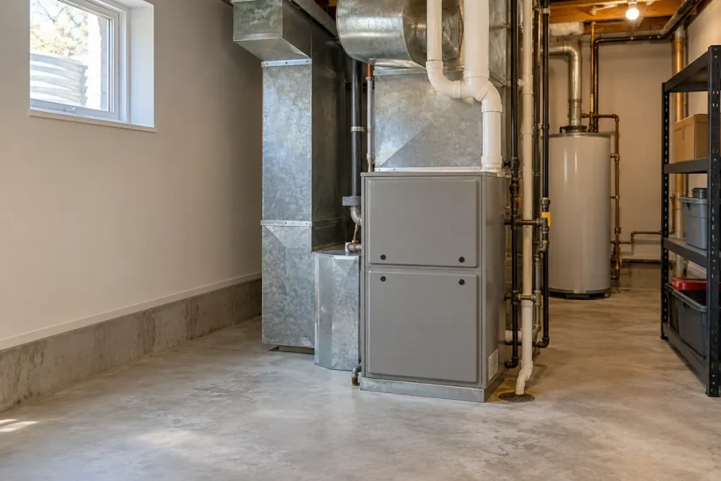 Illustrative furnace and ductwork in a residential utility room