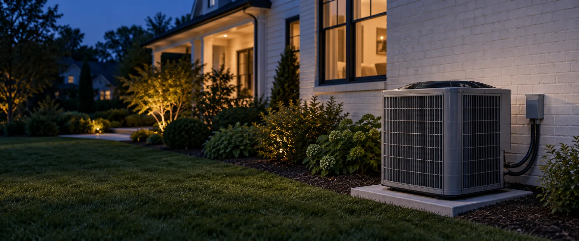 Illustrative central AC condenser beside a residential home at dusk