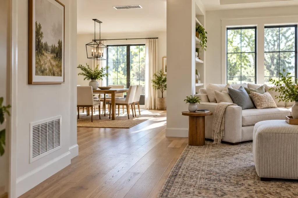 Daylit living and dining rooms with a ceiling supply register and wall return grille