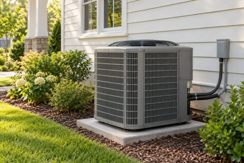 Illustrative outdoor central AC condenser beside a residential house