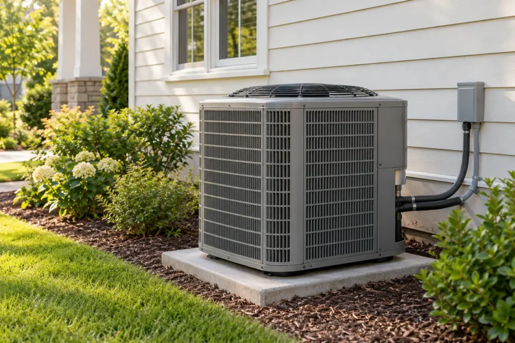 Illustrative outdoor central AC condenser beside a residential house