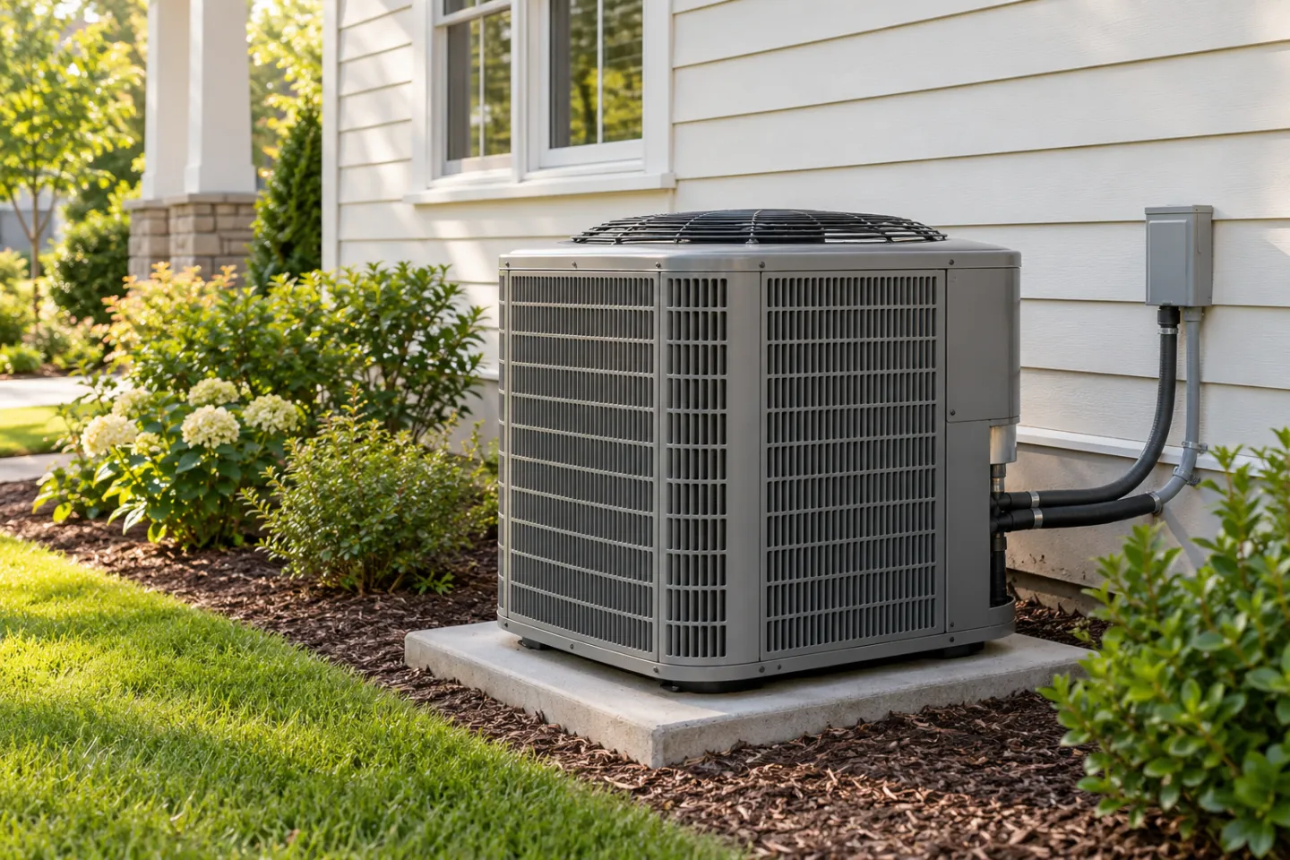 Illustrative outdoor central AC condenser beside a residential house