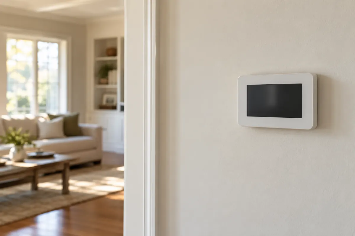 Unbranded wall thermostat in an illustrative residential scene